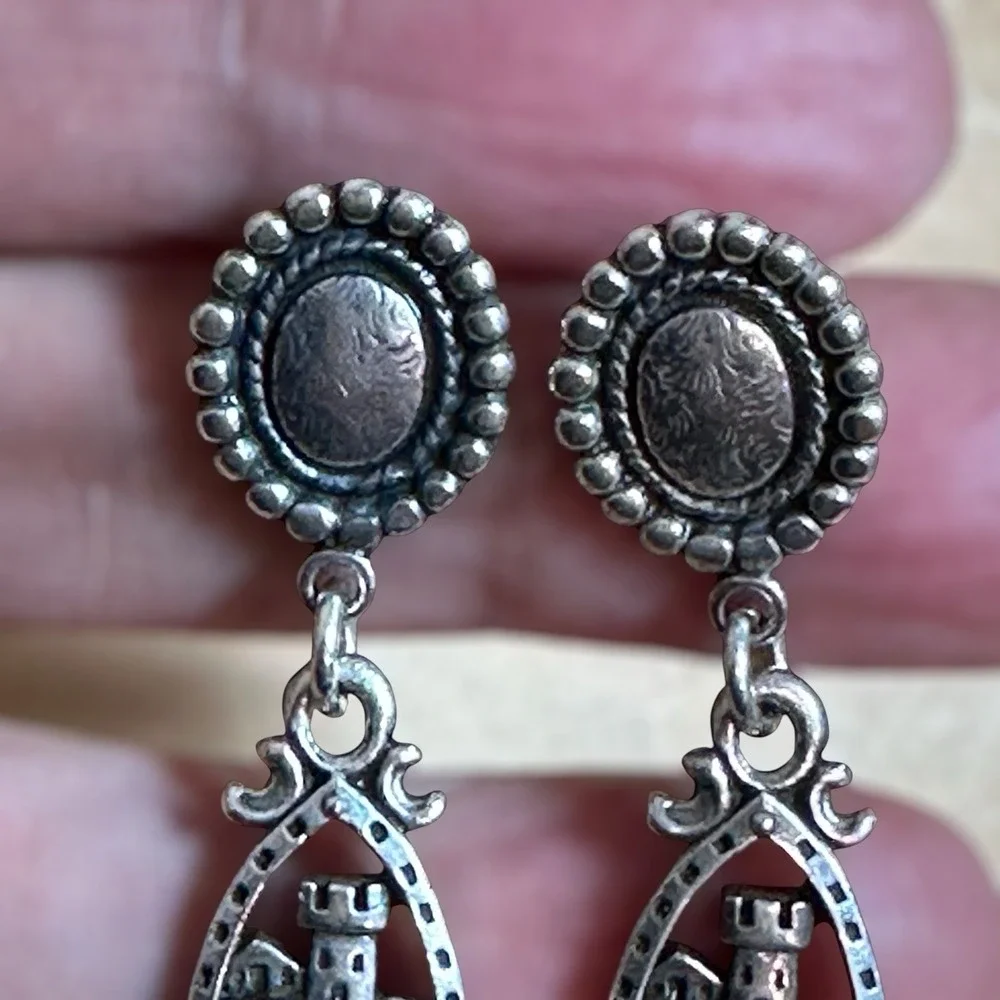 VTG ANNI‎ Stud Dangle Earrings 1.875 Inch Castle Black Onyx 925 Sterling 10.6g